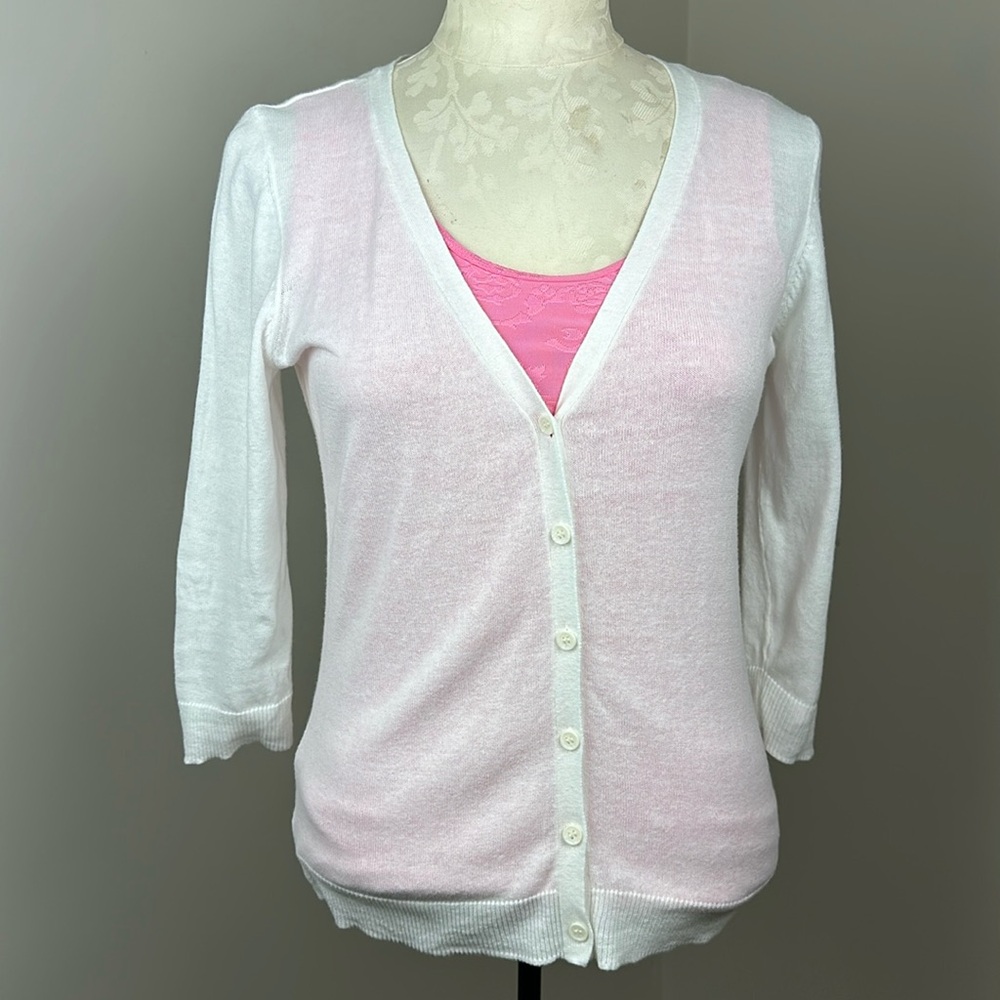 Frenchi cardigan white lightweight vneck three quarter sleeves Size Medium